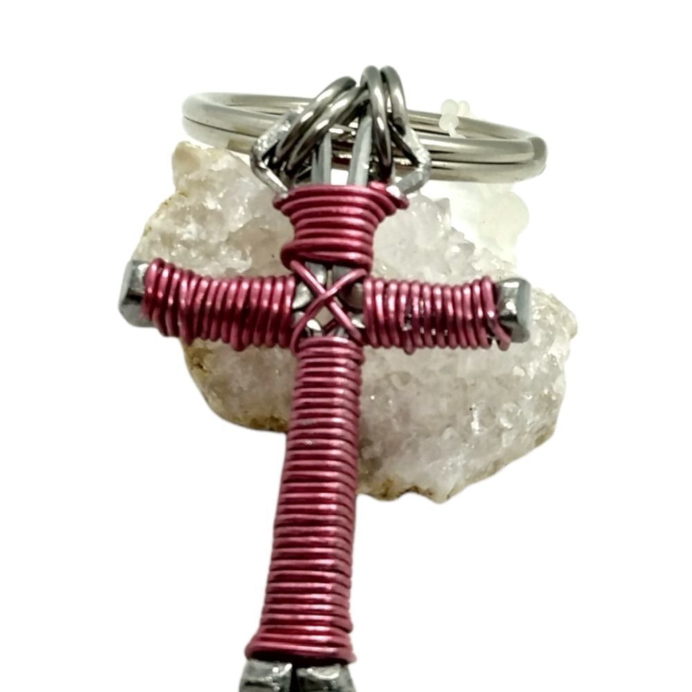 Pink wrapped wire cross religious keychain gift